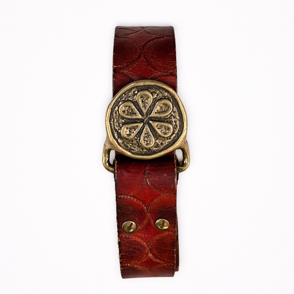 Vintage Rocker Red Leather Belt with Decorative Gold-Tone Medallion